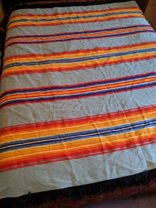 Vintage Pendleton Wool Blanket w/ Fringe Blue Orange Striped 72 x 68 full large 7