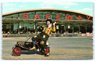 Postcard Ad Card Safeway Grocery Store Zeezo The Clown Mini Car 1960 
