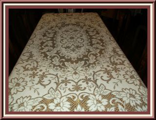 Fabulous Vintage Quaker Lace Tan & White Tablecloth With Design 88 By 64