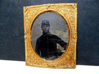 Civil War Soldier Tintype In Gold Frame