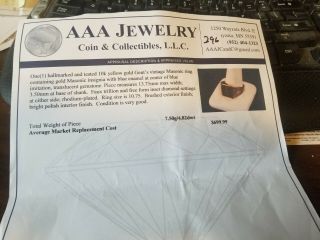 10K Gold Masonic Ring Blue Stone Size 10.  75 4