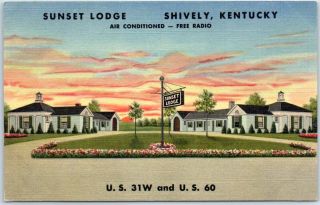 Shively,  Kentucky Postcard Sunset Lodge Motel Highway 21 Roadside Linen C1950s