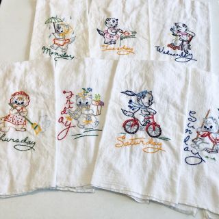 Vintage Kitty Cat Embroidered Hand Kitchen Towels Chores 7 Days Of The Week Set