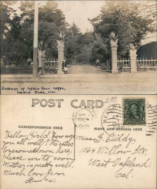 1908 Rppc Gateway Of Menlo Park Hotel San Mateo County California Postcard