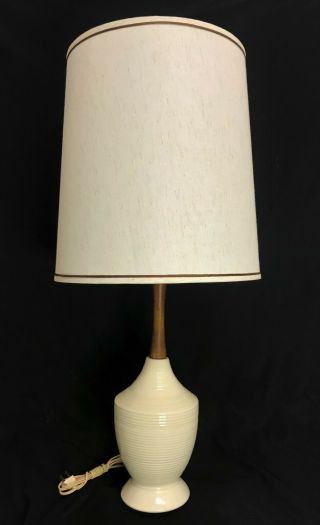 Mid Century Danish Modern White Ceramic Table Lamp Teak Wood W Shade 2 Available