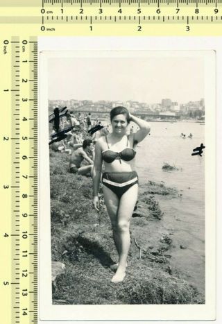 Hairy Armpits Bikini Woman,  Swimwear Lady Swimsuit Female On Beach Old Photo