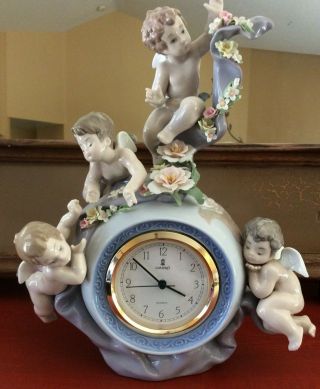 11.  5 Inch Large Lladro 5973 Angelic Time LladrÓ Porcelain Cherub Mantle Clock
