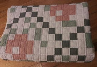 Vintage Homemade Quilt Small Squares 67 X 100 White Salmon Gray Cotton