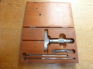 Vintage Starrett No.  449 Depth Micrometer & 2 Rods In Wooden Box