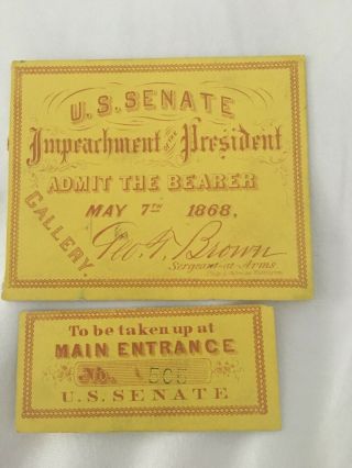 May 71868 Ticket To Us Senate Impeachment Of President Andrew Johnson
