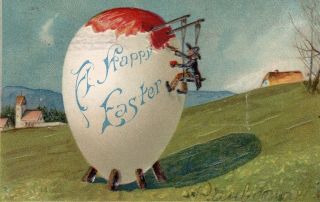 Easter Rabbit Painting Egg On Scfold Old Postcard 5/11 8fix