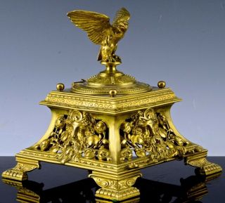 Fabulous Large Victorian Aesthetic Movement Gilt Bronze Eagle Figural Inkwell