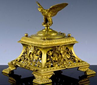 FABULOUS LARGE VICTORIAN AESTHETIC MOVEMENT GILT BRONZE EAGLE FIGURAL INKWELL 2