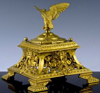 FABULOUS LARGE VICTORIAN AESTHETIC MOVEMENT GILT BRONZE EAGLE FIGURAL INKWELL 3