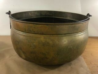 Large Antique Copper/brass? Kettle Cauldron Pot W/ Handle 19.  5” Across K1