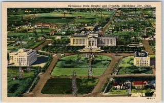 Oklahoma City Okc Postcard " State Capitol & Grounds " Aerial View Curteich Linen