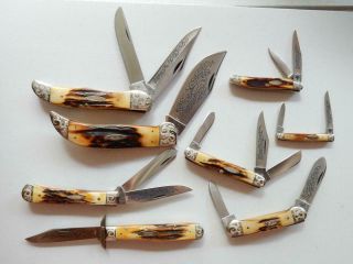 1977 CASE XX,  SET OF 8 BLUE SCROLL,  STAG KNIVES,  ETCHED,  Y308 4