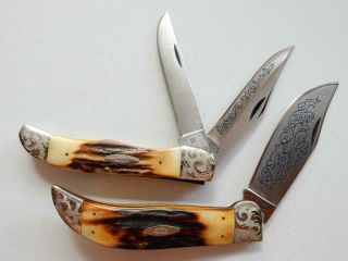 1977 CASE XX,  SET OF 8 BLUE SCROLL,  STAG KNIVES,  ETCHED,  Y308 5
