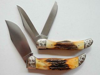 1977 CASE XX,  SET OF 8 BLUE SCROLL,  STAG KNIVES,  ETCHED,  Y308 7