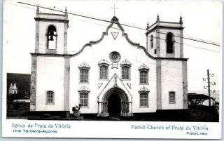 Azores Portugal Rppc Real Photo Postcard Praia Da Vitória Parish Church View