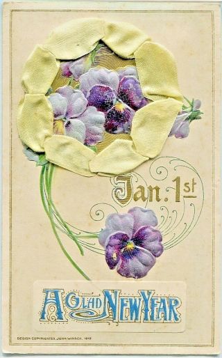 Year Postcard Rare Winsch Novelty Yellow Ribbon Emboss Purple Pansy Flowers