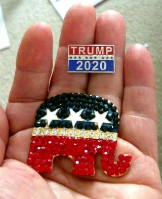 2 Great Republican Pins,  Trump 2020 & Gop Elephant Covered In Rhinestones
