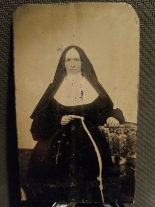 Sixth Plate Tintype Of A Nun W/ Crusafix.