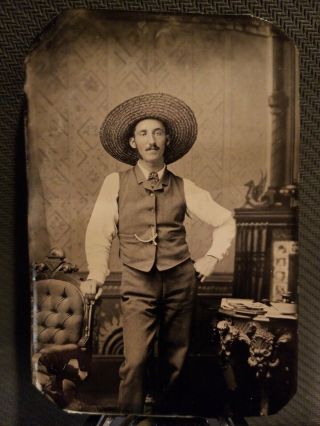 Sixth Plate Tintype Of A Man W/ Straw Hat Posing W/beautiful Furniture