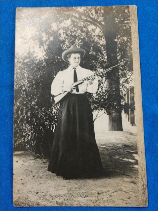 Vintage Postcard Cowgirl Holding Rifle Says Aunt Alma On Back Black & White