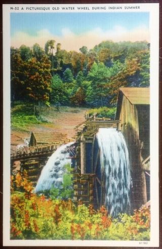1940’s Postcard Old Water Wheel During Indian Summer North Carolina