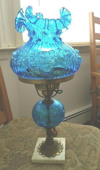 Vintage Fenton Poppy Blue Student Table Lamp Brass And Marble Bases
