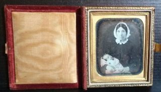 6th Plate Daguerreotype Portrait Of Woman In Bonnet Holding Baby Postmortem?