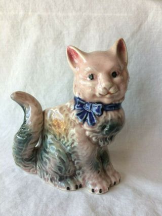 Vintage Mcm Ceramic Cat Planter Pink & Green W Blue Bow Made In Japan 5 - 3/4 " H