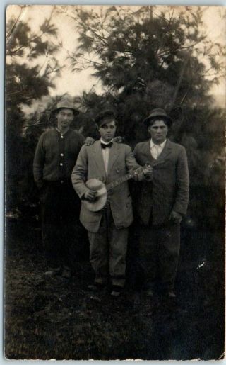Vintage Rppc Real Photo Postcard Young Man W/ Banjo & His Two Buddies C1910s