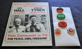 5 Vtg 1968 - 80 Communist Socialist Party Workers Pinback Buttons Flyer & Stickers