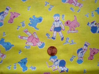 Juvenile Novelty On Yellow Vtg Feedsack Quilt Sewing Dollclothes Craft Kids Dog