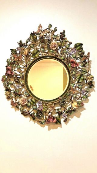 Large Jay Strongwater Enamel & Jeweled Mirror With Foliate & Scroll Circular