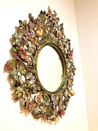 Large Jay Strongwater enamel & jeweled mirror with foliate & scroll circular 4