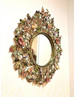 Large Jay Strongwater enamel & jeweled mirror with foliate & scroll circular 6