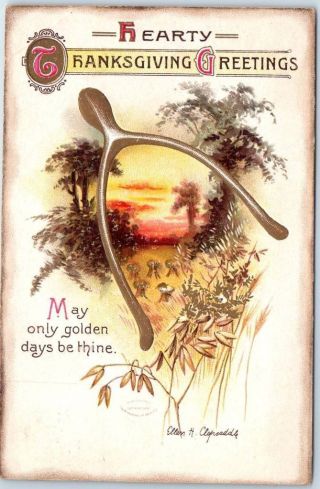 Vintage Artist - Signed Clapsaddle Postcard " Thanksgiving Greetings " Wishbone 1912