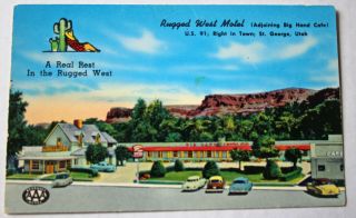 Vintage Rugged West Adjoining Big Hand Cafe St George Utah Color Post Card