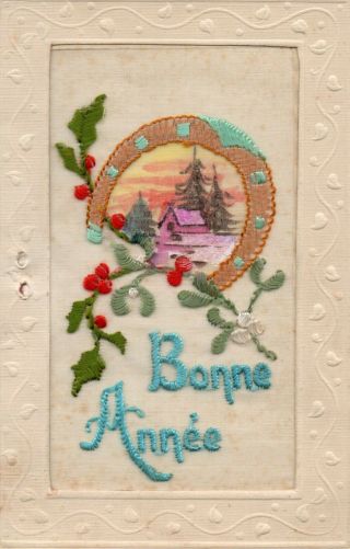 Rare: Hand Painted Scene: Bonne Annee: Embroidered Silk Greetings Card