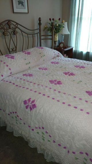 Vintage Mid Cent Chenille Full Bedspread Raspberry Lavender White Floral Green