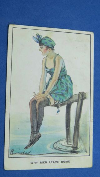 Risque Ww1 W Barribal Comic Postcard 1918 Silk Stockings Garter Bathing Beauty