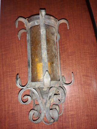 Spanish Revival Gothic Wrought Iron Sconce Wall Light Lamp Yellow Crackle Glass