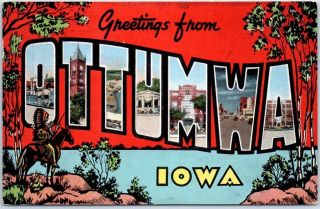 Ottumwa Iowa Large Letter Postcard Indian On Horse Kropp Linen 1946 Cancel