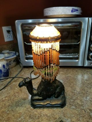 Vintage Art Deco Cast Metal Camel Figural Lamp W/ Glass Beaded Shade