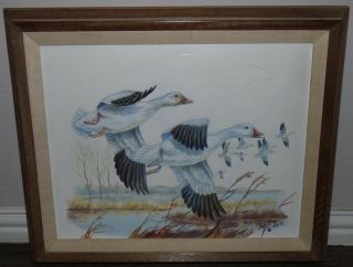Lowell Davis Schmid Folk Art Geese In Flight Painting