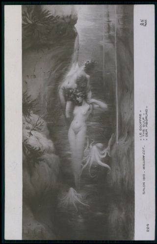 Art William Cot Nude Woman Mermaids Octopus Old 1910s Salon De Paris Postcard
