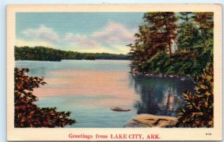 Greetings From Lake City Arkansas Lake Wilderness Vintage Linen Postcard C61